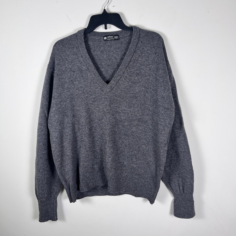 St Michael Mens V-Neck Sweater 100% Lambswool Grey Vintage LG Made in the UK